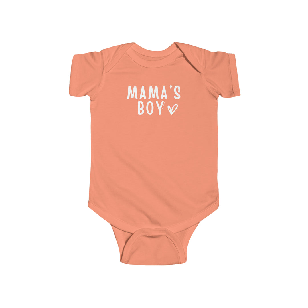 A baby bodysuit featuring the title Mama's Boy Onesie in white text. Made of 100% cotton, with ribbed bindings and plastic snaps for easy changing. From Worlds Worst Tees.