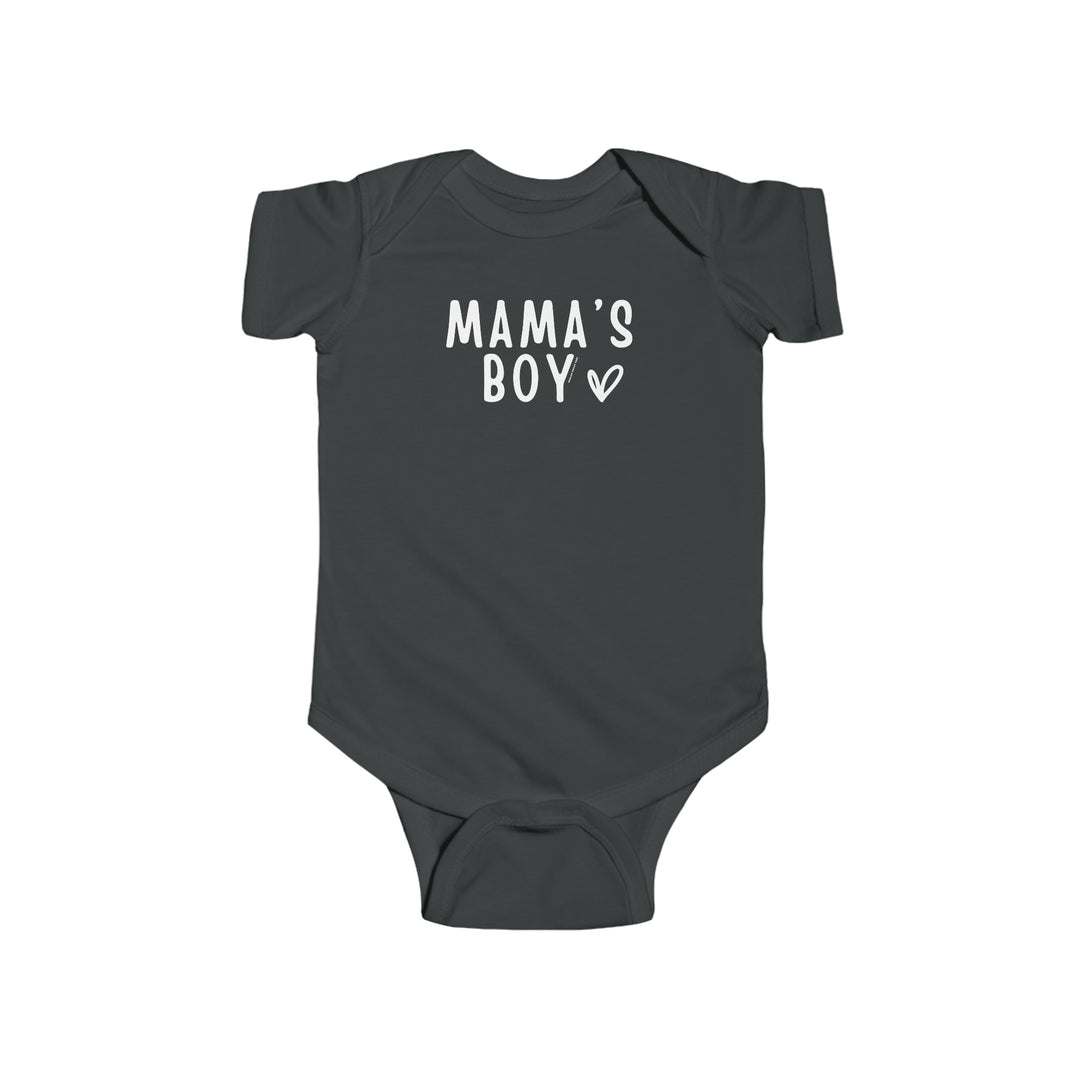 A durable and soft infant fine jersey bodysuit, featuring 100% cotton fabric with ribbed knitting for durability. Plastic snaps for easy changing access. Title: Mama's Boy Onesie. From 'Worlds Worst Tees'.