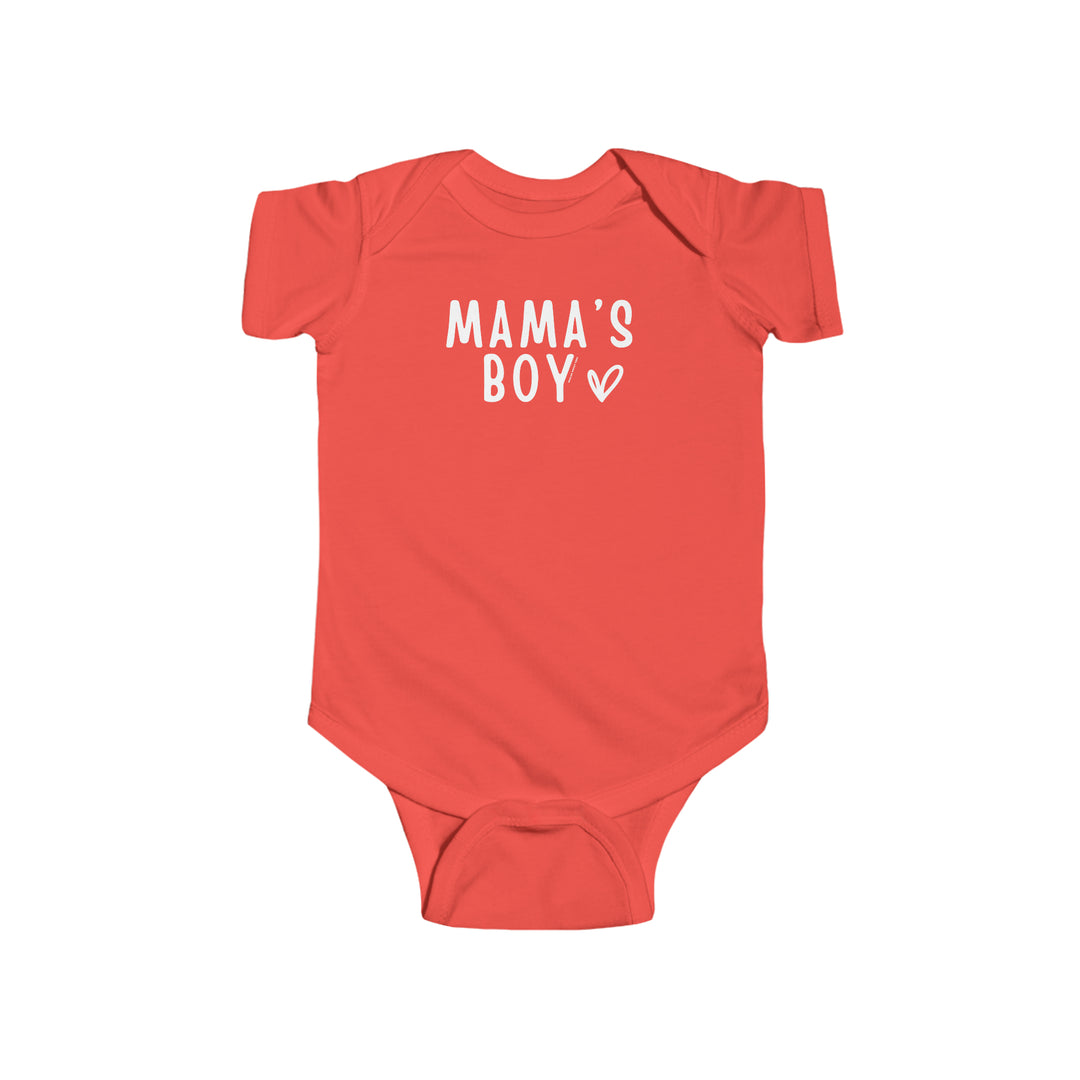 A red baby bodysuit with white text, featuring Mama's Boy Onesie, ideal for infants. Made of 100% cotton, with ribbed knitting for durability, and plastic snaps for easy changing access. From Worlds Worst Tees.