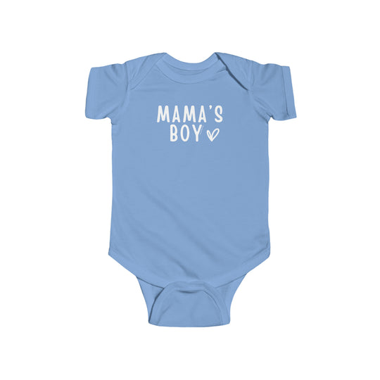 A blue baby bodysuit with white text, featuring the title Mama's Boy Onesie. Made of 100% cotton, light fabric, with ribbed knitting for durability and plastic snaps for easy changing access. From Worlds Worst Tees.