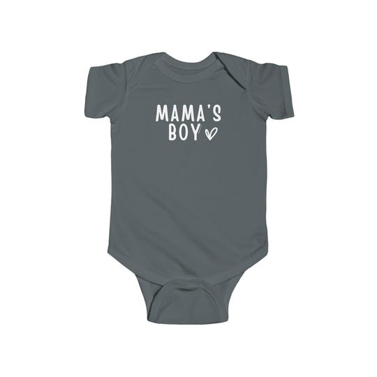 A grey baby bodysuit with white text, featuring Mama's Boy Onesie. Made of 100% cotton, light fabric, with ribbed knitting for durability and plastic snaps for easy changing access. From Worlds Worst Tees.