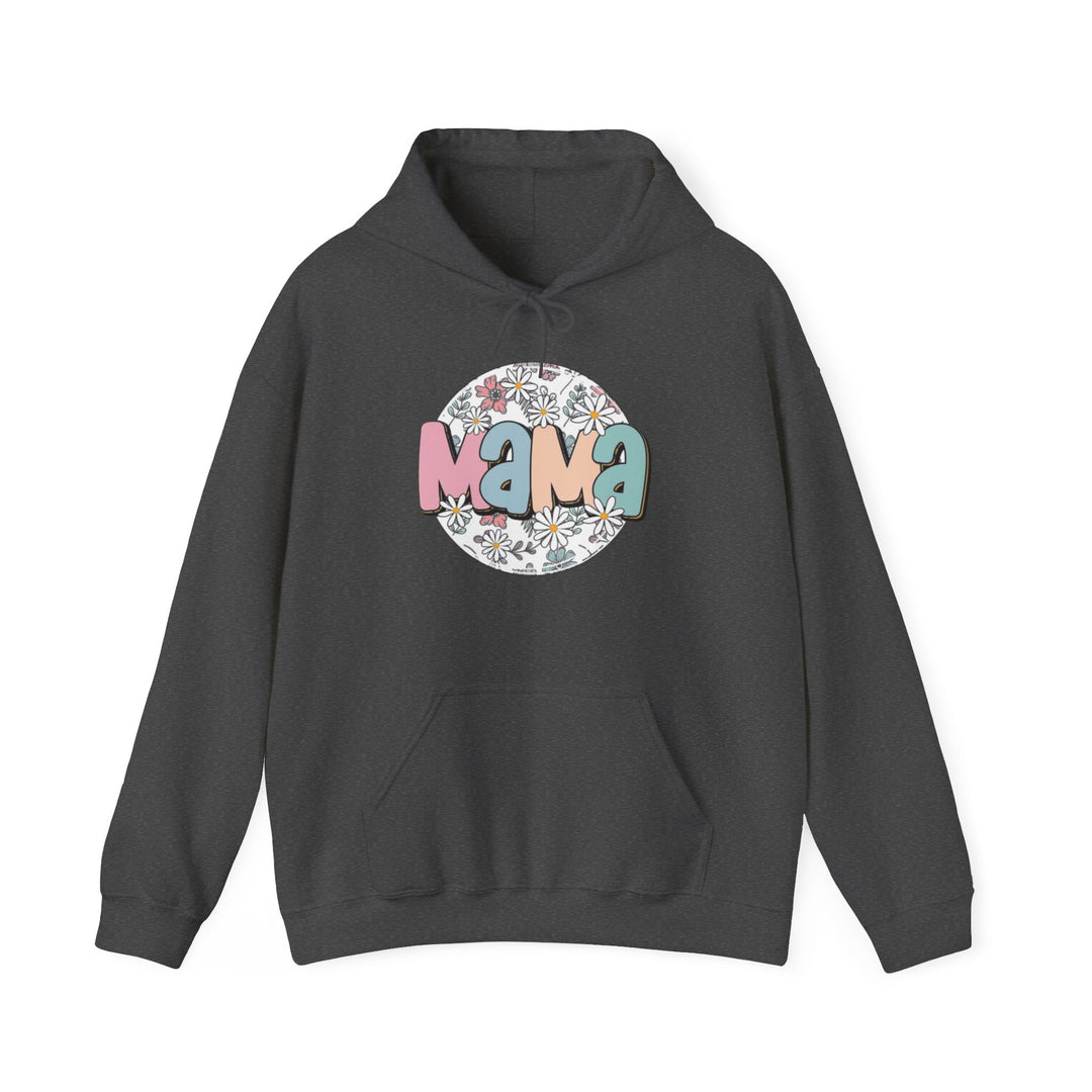 A black unisex heavy blend hooded sweatshirt featuring a white circle with colorful text, perfect for chilly days. Includes a kangaroo pocket and matching drawstring for style. Sassy Mama Flower Hoodie by Worlds Worst Tees.