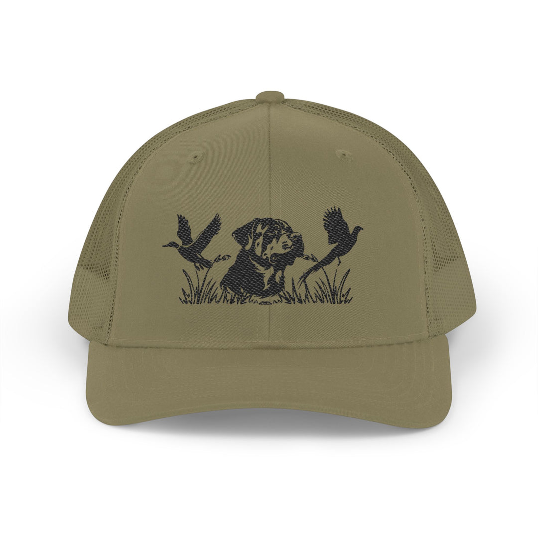 Bird Hunting Snapback Trucker Cap features an embroidered hunting dog and game birds, offering a stylish, breathable fit with a classic 6-panel design and adjustable snap closure.