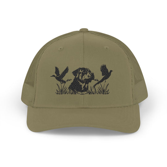 Bird Hunting Snapback Trucker Cap features an embroidered hunting dog and game birds, offering a stylish, breathable fit with a classic 6-panel design and adjustable snap closure.