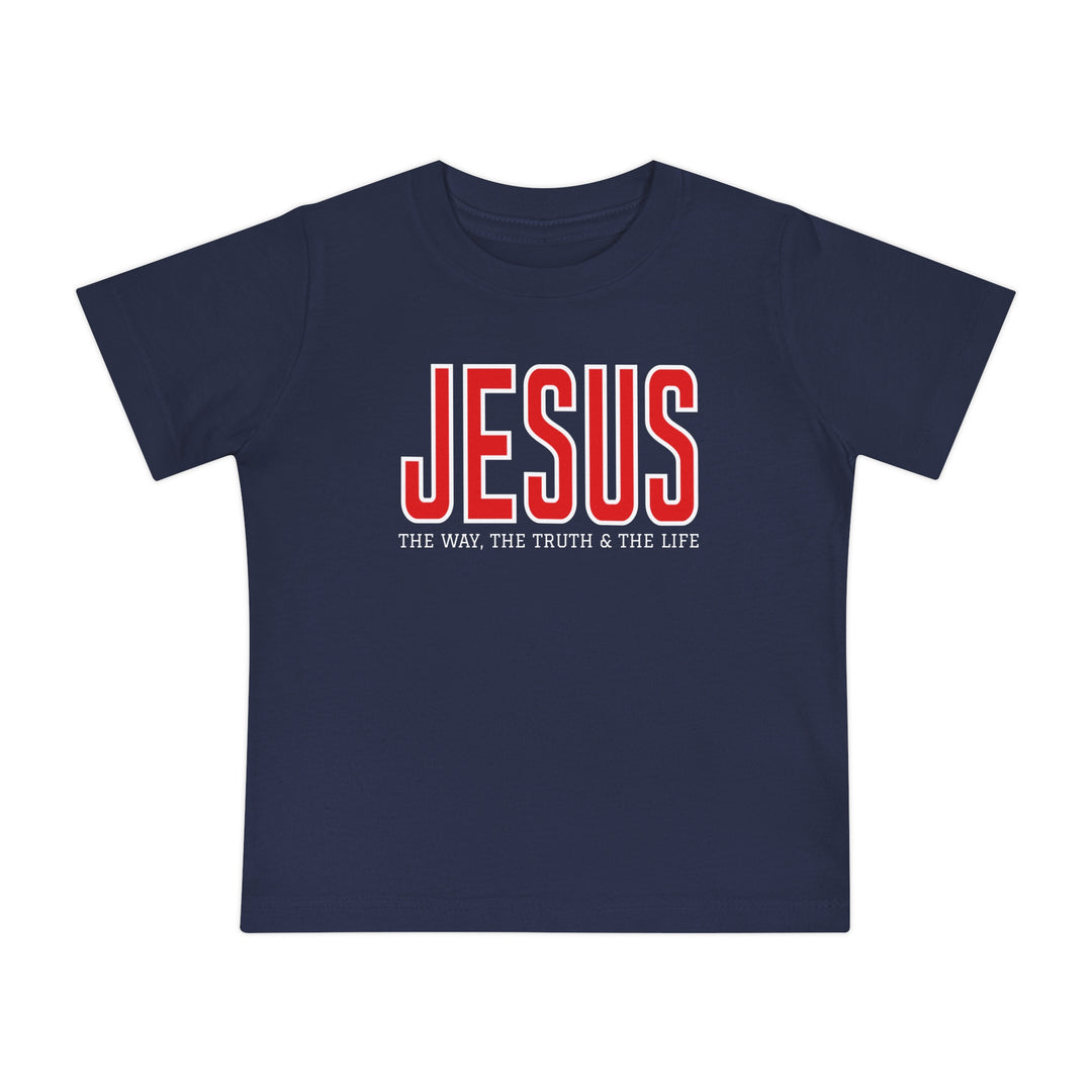 Navy-blue kids' T-shirt with JESUS in red and THE WAY, THE TRUTH & THE LIFE in white. Comfortable, shrink-resistant, 100% cotton.
