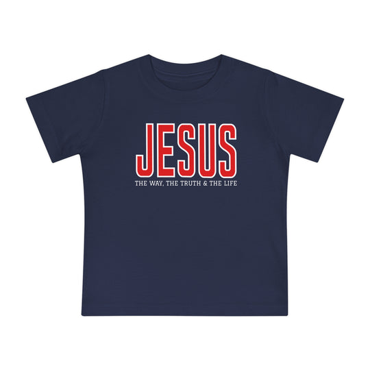 Navy-blue kids' T-shirt with JESUS in red and THE WAY, THE TRUTH & THE LIFE in white. Comfortable, shrink-resistant, 100% cotton.