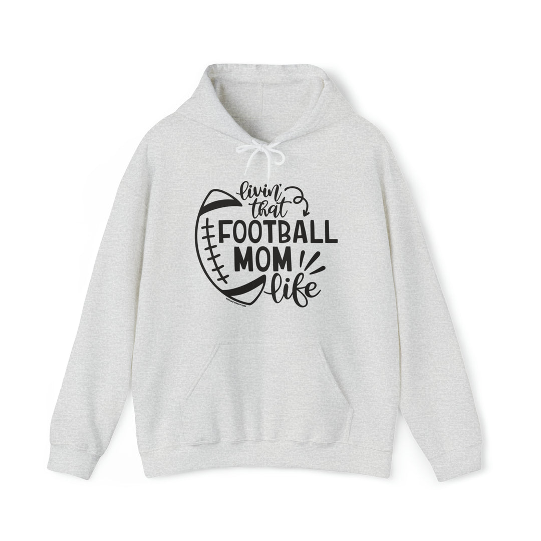 Unisex Football Mom Life Hoodie, white with black text. Heavy cotton tee, no side seams, durable tape on shoulders, ribbed knit collar. 100% Cotton, classic fit, medium weight fabric.