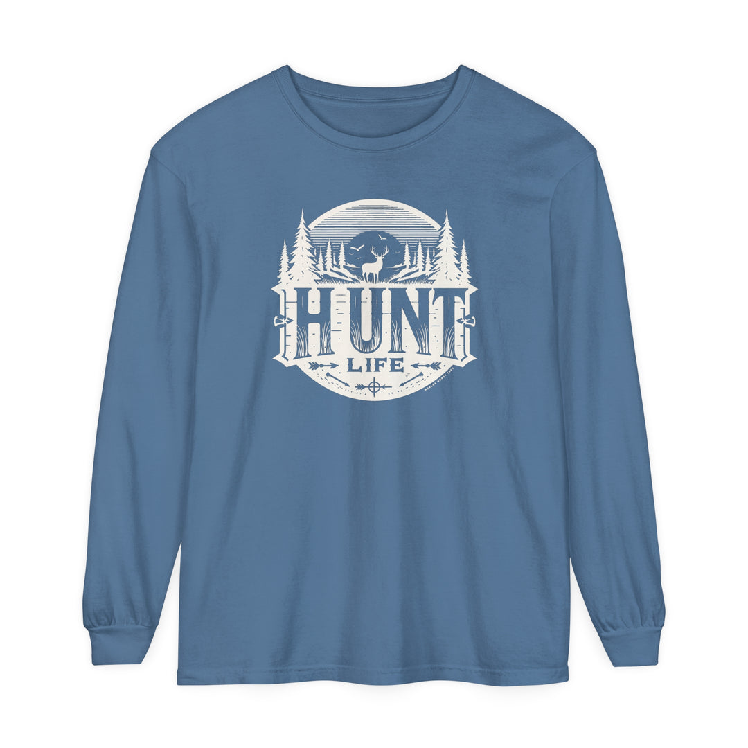 A Hunt Life Long Sleeve T-Shirt in blue, featuring a deer and trees graphic. Made of 100% ring-spun cotton, garment-dyed fabric, and a relaxed fit for comfort. From Worlds Worst Tees.