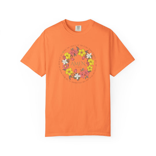 Amen Tee: An orange t-shirt featuring a floral design, crafted from 100% ring-spun cotton for comfort and durability, ideal for everyday wear.