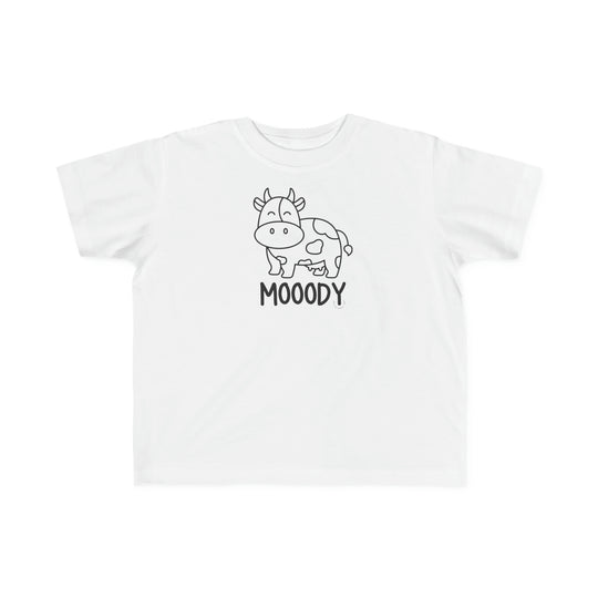Moody Toddler Tee featuring a cow print on white fabric. Soft and gentle for sensitive skin, with durable print. Made of 100% combed ringspun cotton, light fabric, classic fit, tear-away label, true to size.