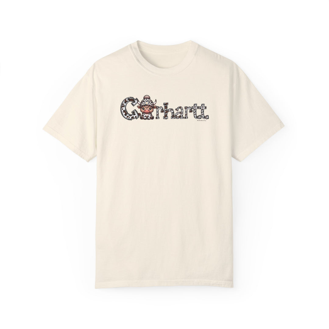 A relaxed-fit Cowhartt Cow Tee, a white t-shirt featuring a cartoon cow with a hat. 100% ring-spun cotton, garment-dyed for coziness, with double-needle stitching for durability. From Worlds Worst Tees.