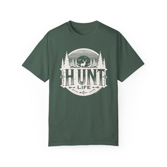 A Hunt Life Tee, garment-dyed with ring-spun cotton for coziness. Relaxed fit, double-needle stitching, no side-seams for durability and shape retention. Sizes S to 3XL.