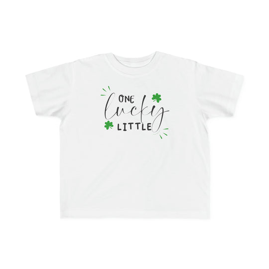 A toddler's tee, One Lucky Little Tee, featuring durable print on soft cotton. Classic fit, tear-away label, sizes 2T to 5-6T. Perfect for first adventures.