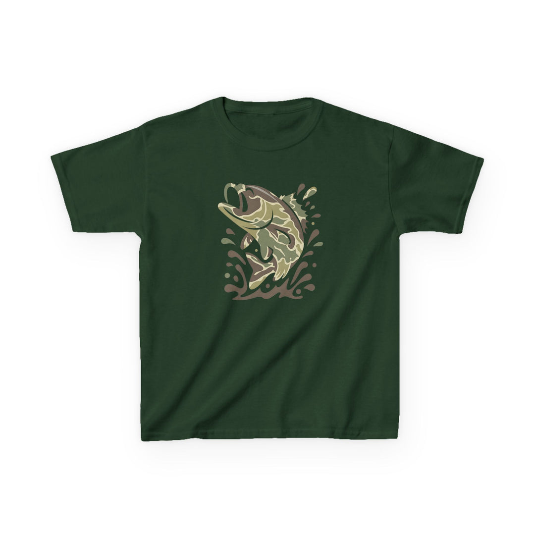 Camo Fish Kids Tee: A forest-green T-shirt featuring a camo-patterned leaping fish graphic, ideal for everyday wear. Made from soft, durable 100% cotton.