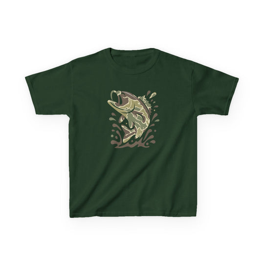Camo Fish Kids Tee: A forest-green T-shirt featuring a camo-patterned leaping fish graphic, ideal for everyday wear. Made from soft, durable 100% cotton.