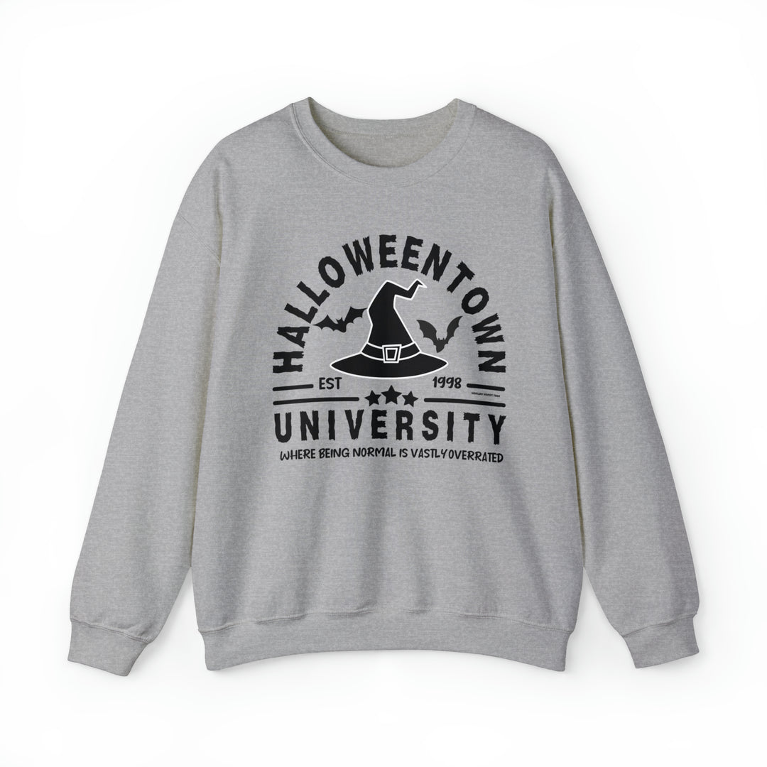 Unisex Halloweentown University Crew sweatshirt, ideal for comfort. Polyester and cotton blend, ribbed knit collar, no itchy side seams. Loose fit, medium-heavy fabric, sewn-in label. From Worlds Worst Tees.