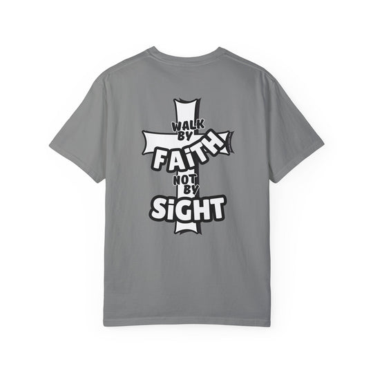 Walk By Faith Not By Sight Tee: Grey t-shirt with a white cross design. 100% ring-spun cotton, garment-dyed for extra coziness. Relaxed fit, double-needle stitching for durability, no side-seams for a tubular shape.