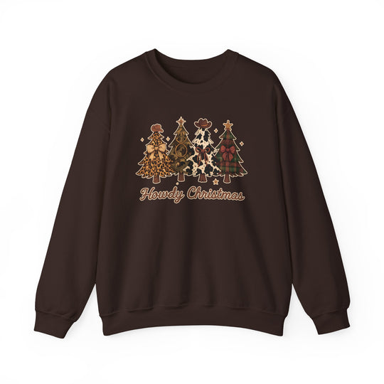 Howdy Christmas Crew sweatshirt with four festive tree patterns and “Howdy Christmas” script on chest, exemplifying quirky, comfortable holiday wear from Worlds Worst Tees.
