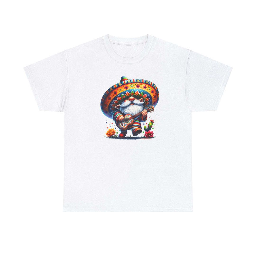 Mexican Gnome Tee: Unisex white t-shirt featuring a gnome playing a guitar cartoon. Medium 5.3 oz cotton, classic fit, tear-away label for comfort. Ethically made with US cotton.