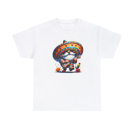 Mexican Gnome Tee: Unisex white t-shirt featuring a gnome playing a guitar cartoon. Medium 5.3 oz cotton, classic fit, tear-away label for comfort. Ethically made with US cotton.