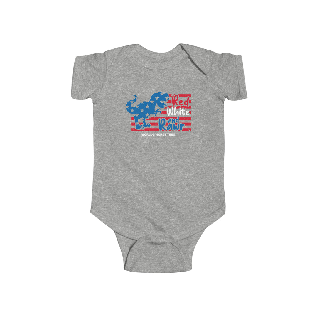 A grey baby bodysuit featuring a flag and dinosaur design, perfect for infants. Made of 100% cotton, with ribbed bindings for durability and easy snap closure. From Worlds Worst Tees.