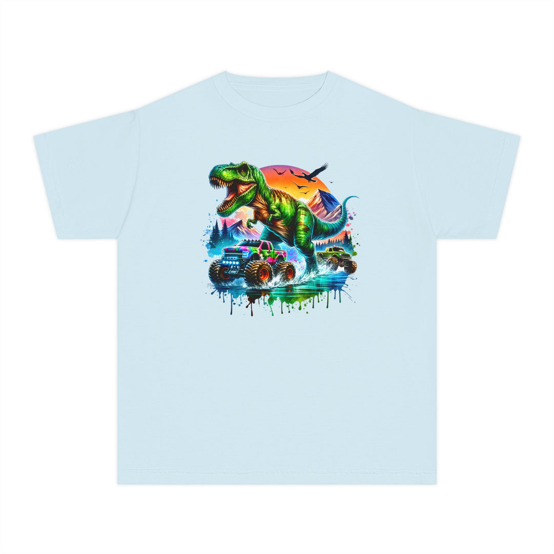 Dino Truck Kids Tee: Light-blue youth T-shirt featuring a vibrant graphic of a roaring T-Rex with monster trucks, perfect for active play and comfort.