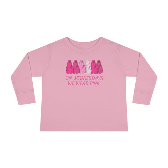 A custom toddler long-sleeve tee featuring pink ghosts, designed for the youngest trendsetters. Made from 100% combed ringspun cotton, with topstitched ribbed collar and EasyTear™ label for comfort and durability.