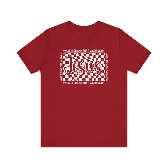 What A Friend We Have in Jesus Tee: Unisex jersey short sleeve shirt with ribbed knit collar and dual side seams, offering a soft, comfortable fit.