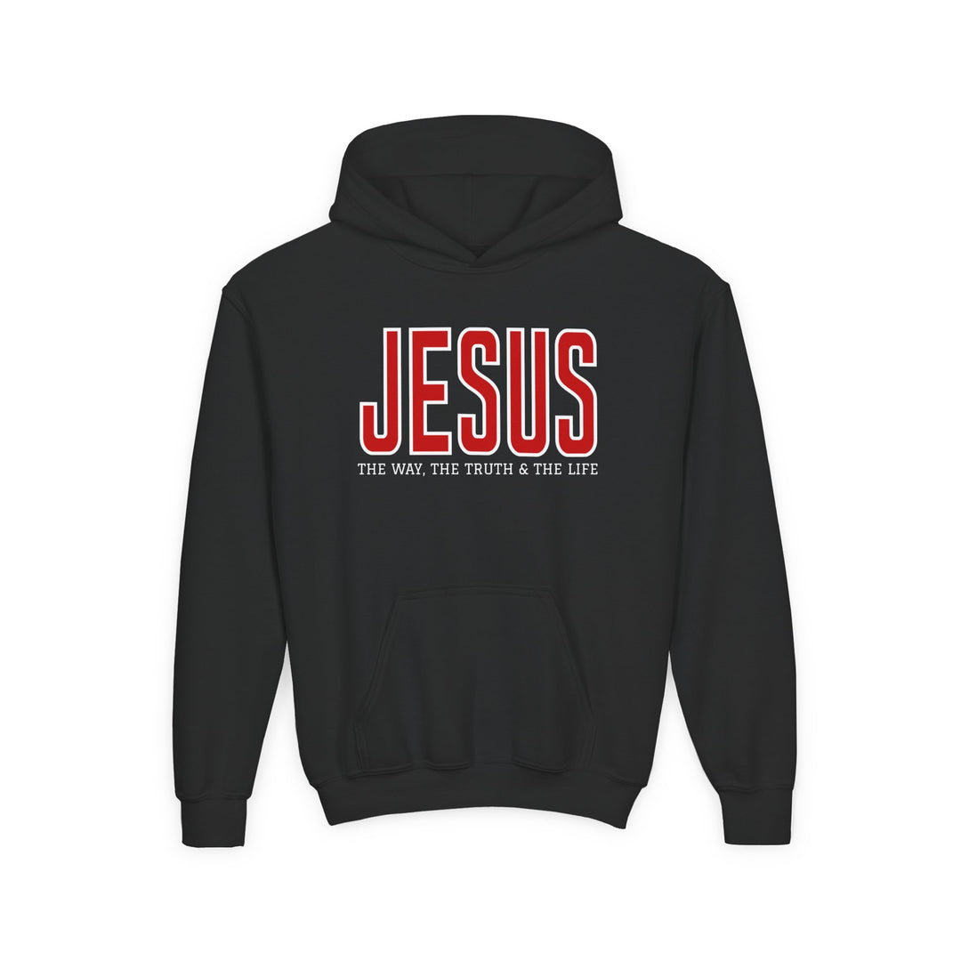 Youth hoodie displaying JESUS in red with THE WAY, THE TRUTH & THE LIFE beneath, featuring a kangaroo pocket and ultra-soft fleece material.