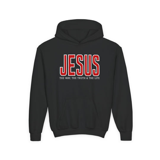 Youth hoodie displaying JESUS in red with THE WAY, THE TRUTH & THE LIFE beneath, featuring a kangaroo pocket and ultra-soft fleece material.