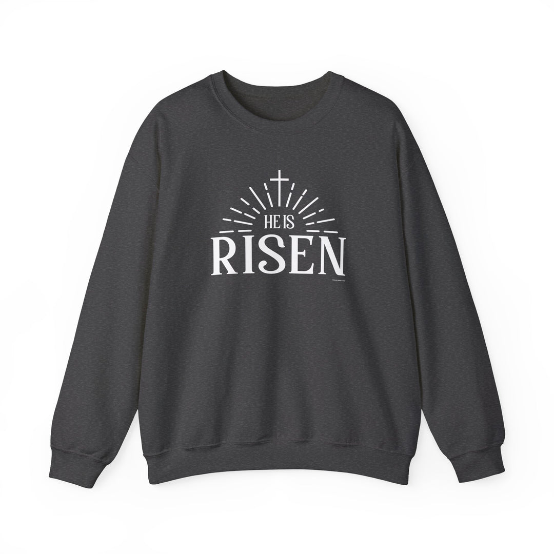 Unisex heavy blend crewneck sweatshirt, He is Risen Crew, medium-heavy fabric blend of 50% cotton and 50% polyester, ribbed knit collar, double-needle stitching, tear-away label, ethically grown US cotton.