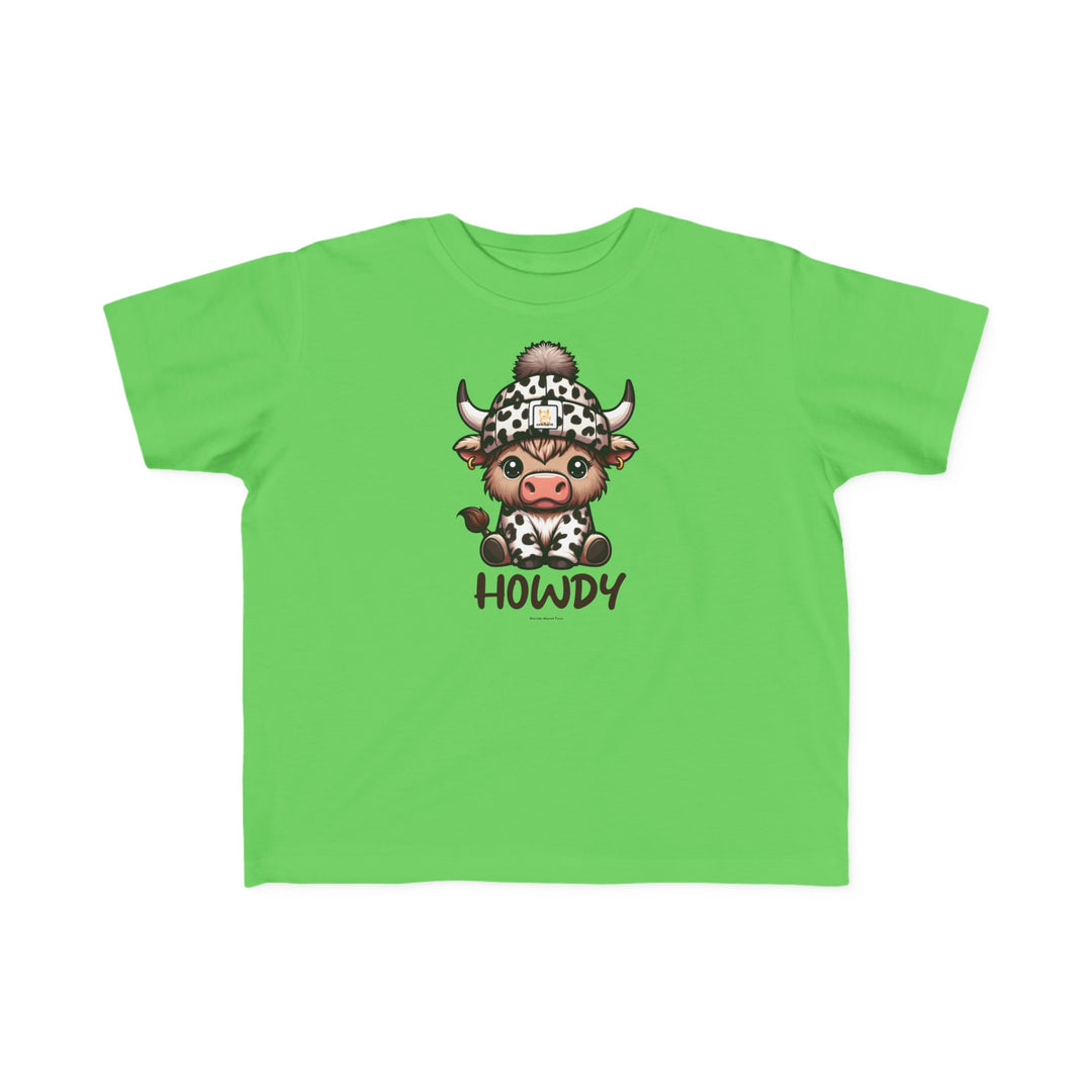 A playful Howdy Toddler Tee featuring a cartoon cow in a hat. Soft 100% combed ringspun cotton, light fabric, tear-away label, and classic fit. Available in sizes 2T to 5-6T.