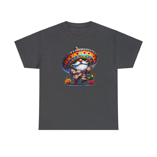 A Mexican Gnome Tee featuring a cartoon character playing a guitar on a grey t-shirt. Unisex heavy cotton tee with smooth surface for vivid printing, classic fit, tear-away label, and ethically sourced 100% US cotton.