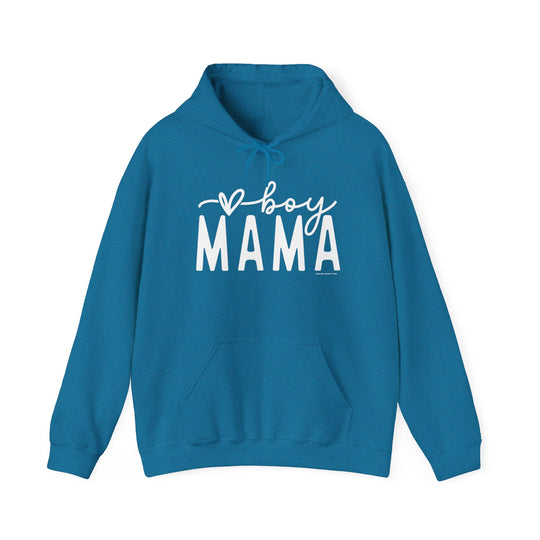A blue unisex Boy Mama Hoodie with white text, featuring a kangaroo pocket and matching drawstring. Made of 50% cotton and 50% polyester, this heavy blend hooded sweatshirt offers warmth and comfort for cold days.