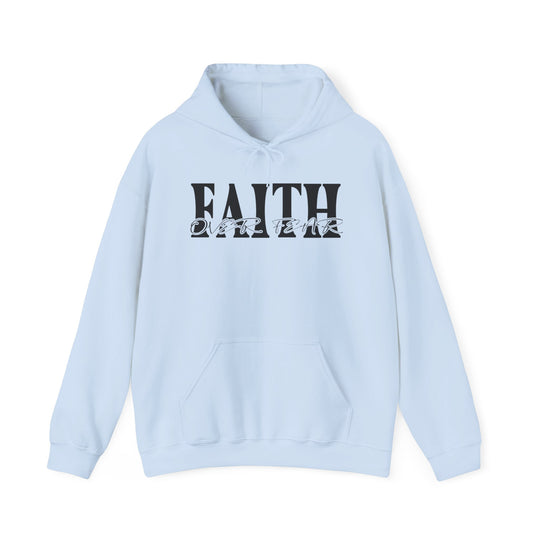 A cozy unisex Faith Over Fear Hoodie in light blue with black text. Made of 50% cotton and 50% polyester, featuring a kangaroo pocket and matching drawstring hood. Perfect for chilly days.