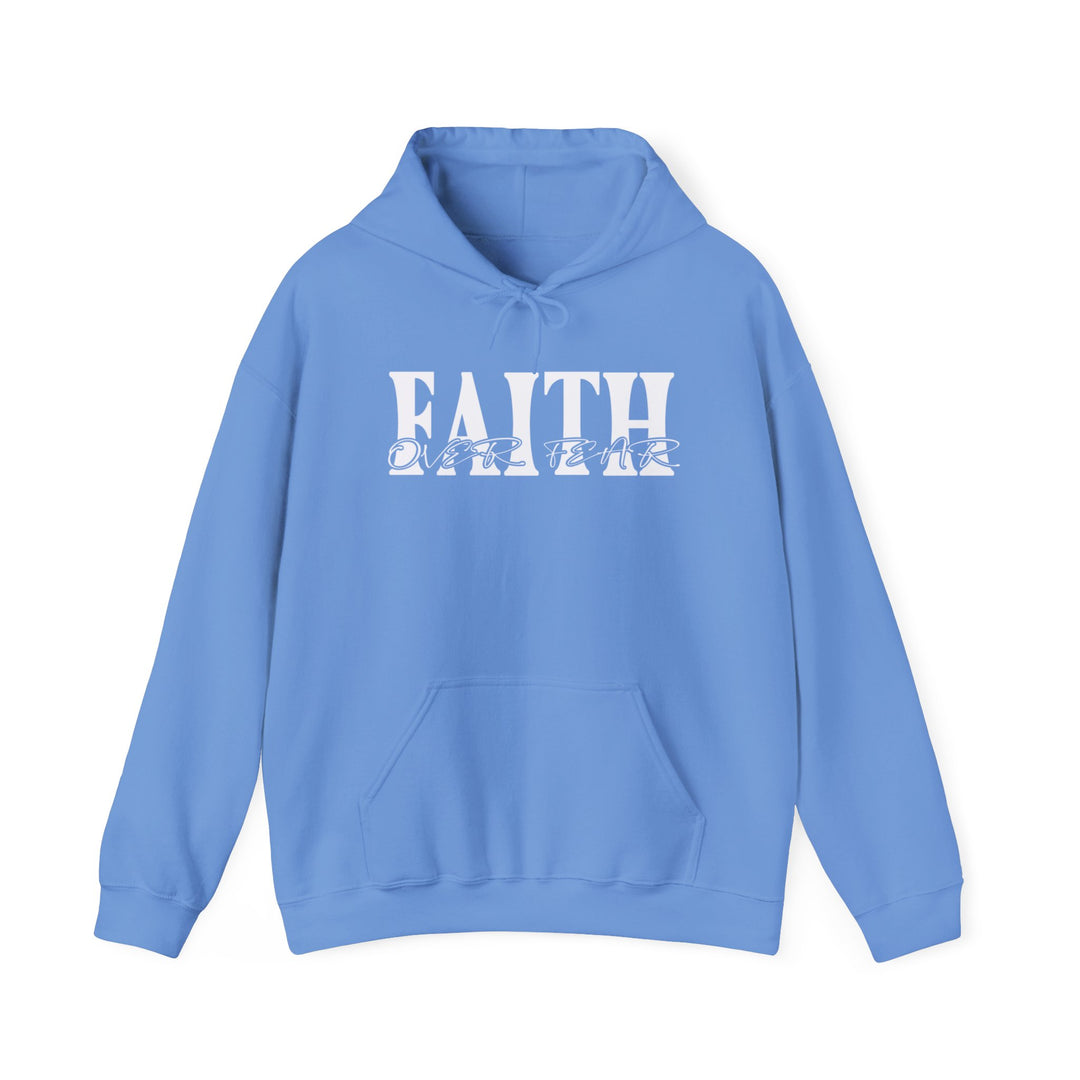 A cozy unisex Faith Over Fear Hoodie in blue with white text. Thick cotton-polyester blend, kangaroo pocket, and matching drawstring. Perfect for chilly days. Sizes S-5XL. Classic fit, tear-away label.