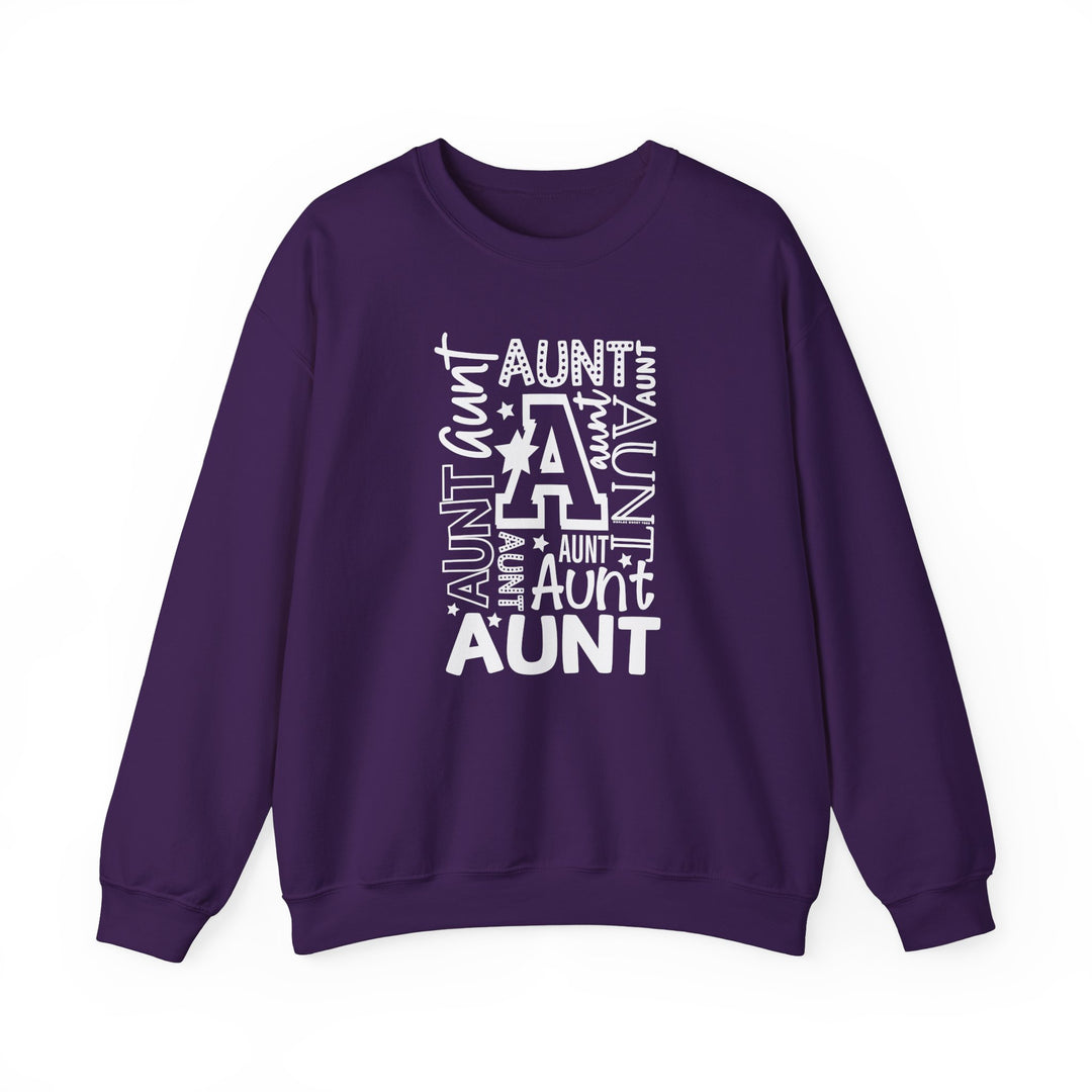 Aunt Crew signature sweatshirt in purple with white text. Relaxed fit, 50% cotton, 50% polyester blend, crew neck, medium-heavy fabric. Elevate your style with comfort and cool.