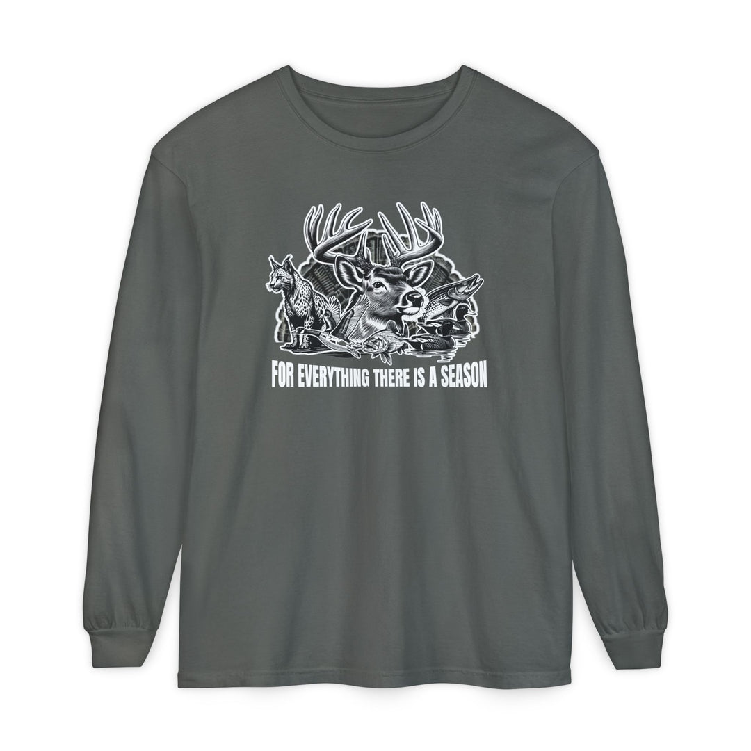 For Everything There is a Season Long Sleeve Tee featuring a white line-art wildlife scene with a buck, fox, fish, and waterfowl, crafted from 100% ring-spun cotton.
