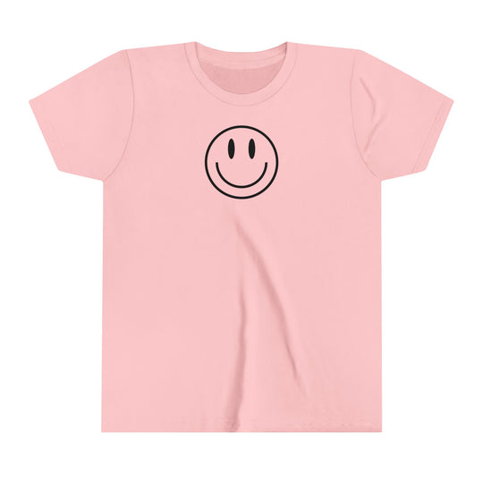 Youth short sleeve tee with a pink smiley face design. Lightweight and comfortable, perfect for kids. 100% Airlume combed cotton, tear away label, retail fit. Ideal for custom artwork.