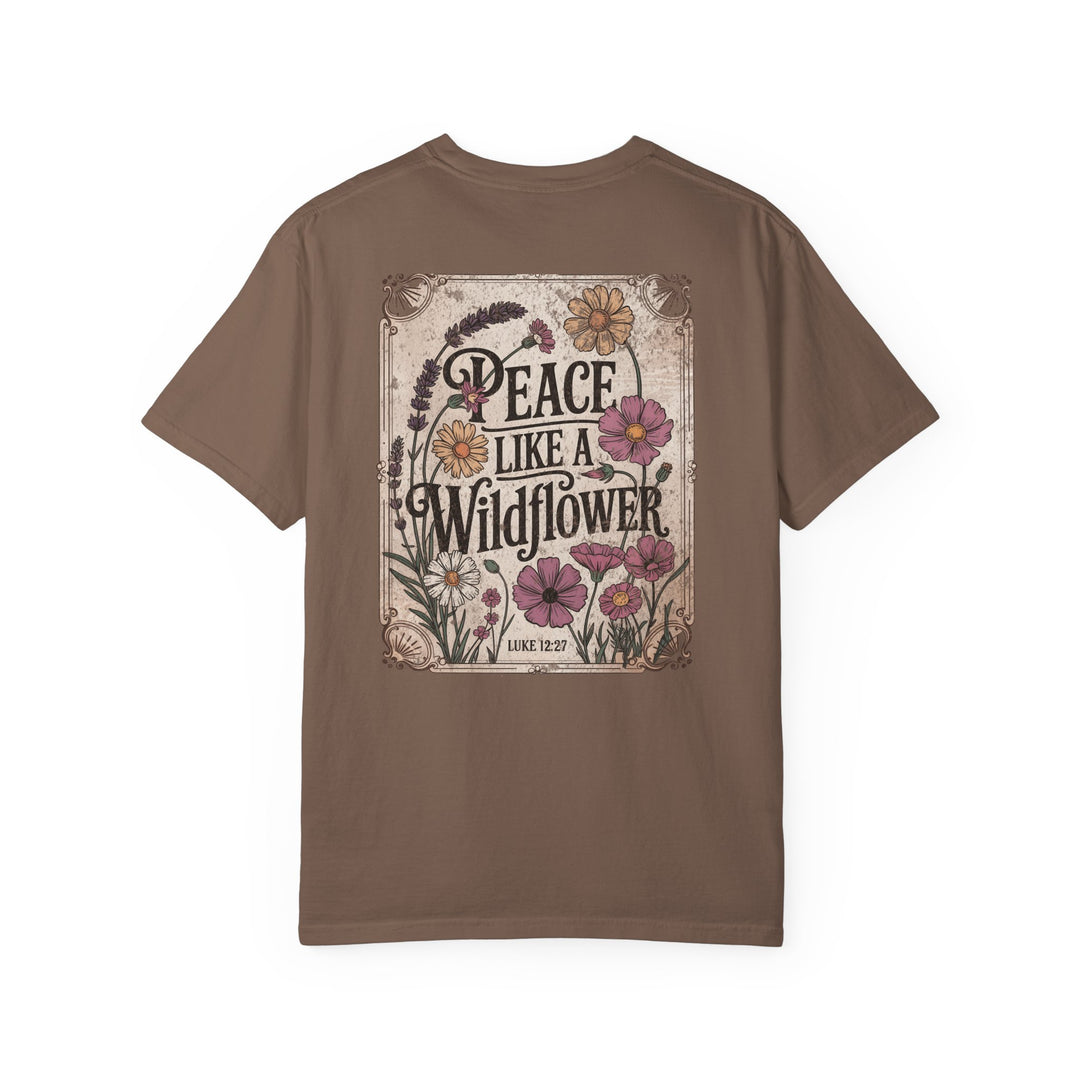Peace Like a Wildflower Tee, a soft, ring-spun cotton t-shirt with a relaxed fit and crew neckline, ideal for casual and semi-formal wear.