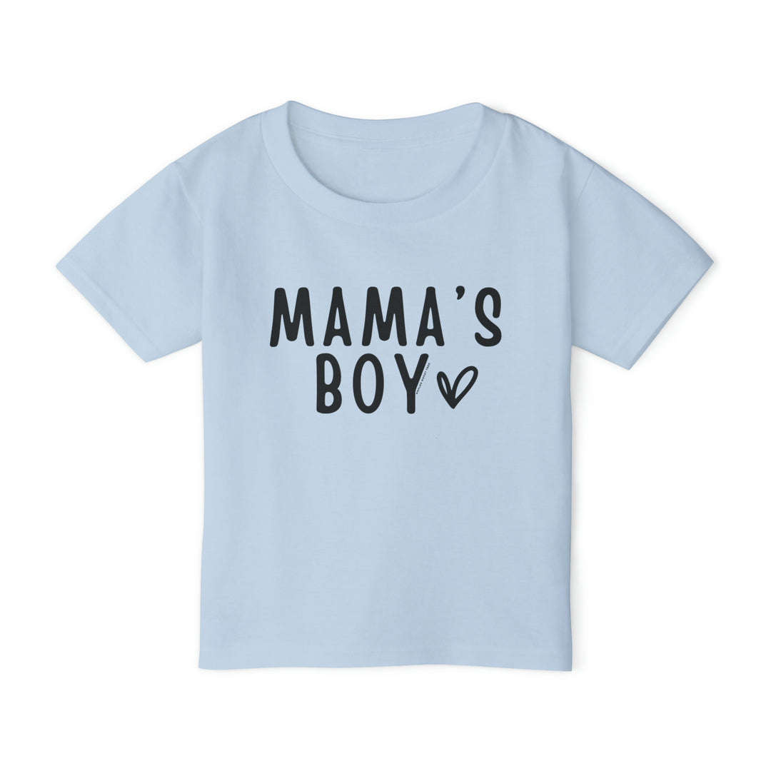 Toddler tee with Mama's Boy design, 100% cotton for softness. Classic fit, rib collar for comfort. Sizes: 2T-6T. Width: 11.00-15.00 in, Length: 15.00-19.00 in, Sleeve length: 9.00-12.50 in.