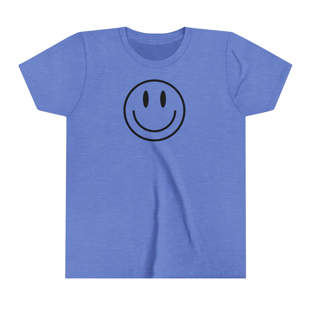 Youth short sleeve tee featuring a blue smiley face design. Lightweight, 100% Airlume combed cotton for custom artwork display. Ribbed collar, tear away label, retail fit. Ideal for kids.
