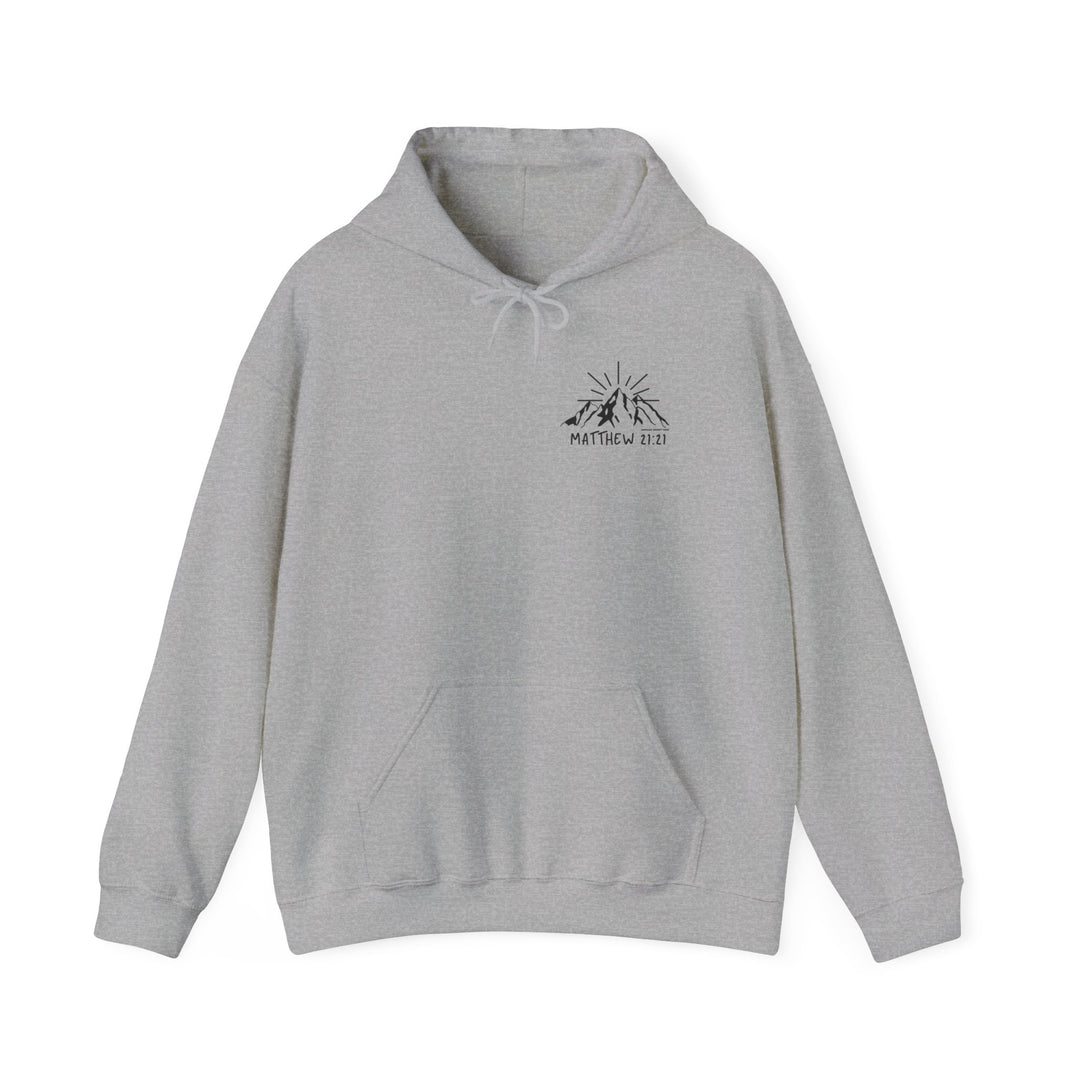 A grey unisex Faith Can Move Mountains Hoodie with a logo of a mountain. Thick cotton-polyester blend, kangaroo pocket, and matching drawstring. Cozy and stylish for cold days.