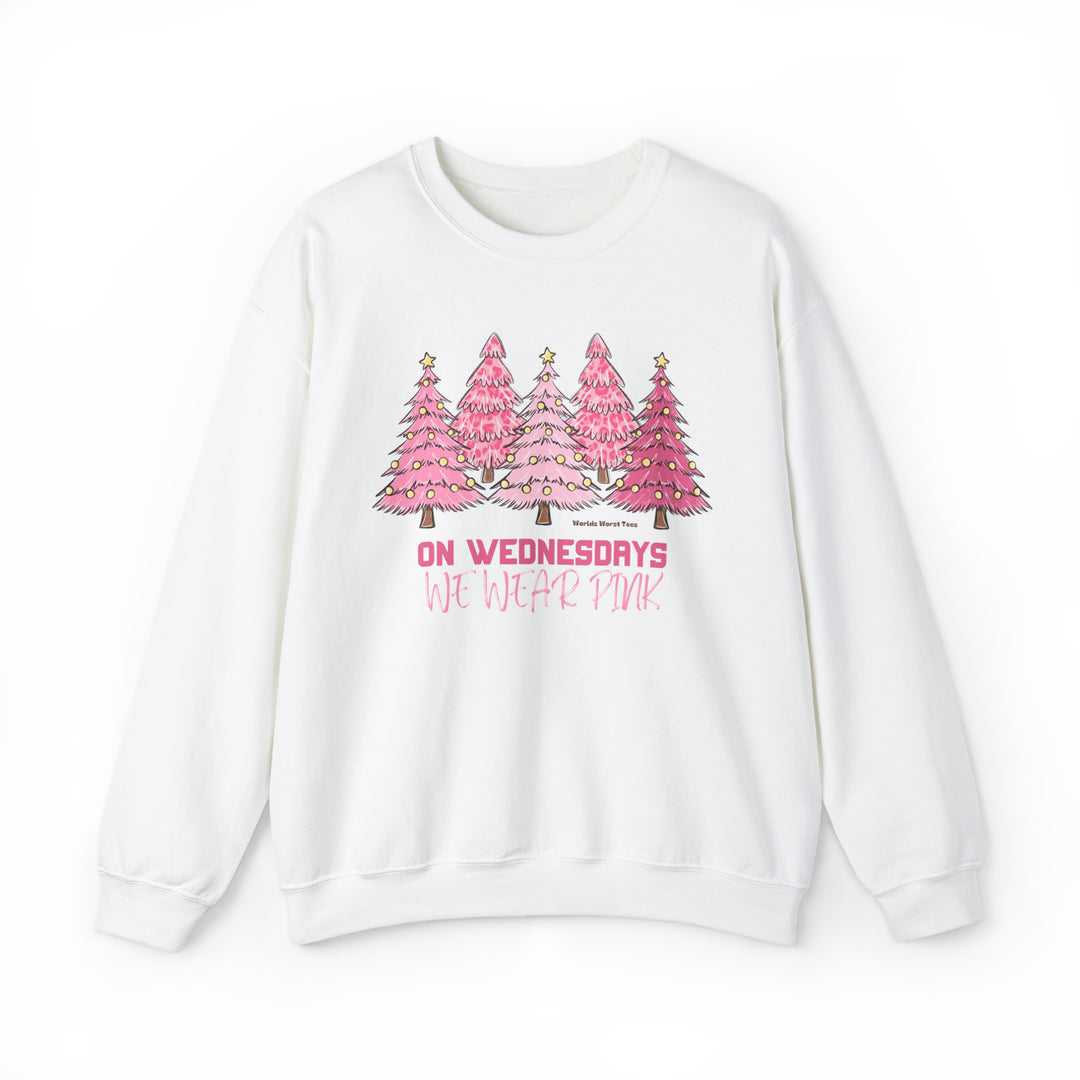 Unisex heavy blend crewneck sweatshirt featuring a pink Christmas tree design. Polyester-cotton fabric, ribbed knit collar, loose fit, no itchy side seams. From Worlds Worst Tees.