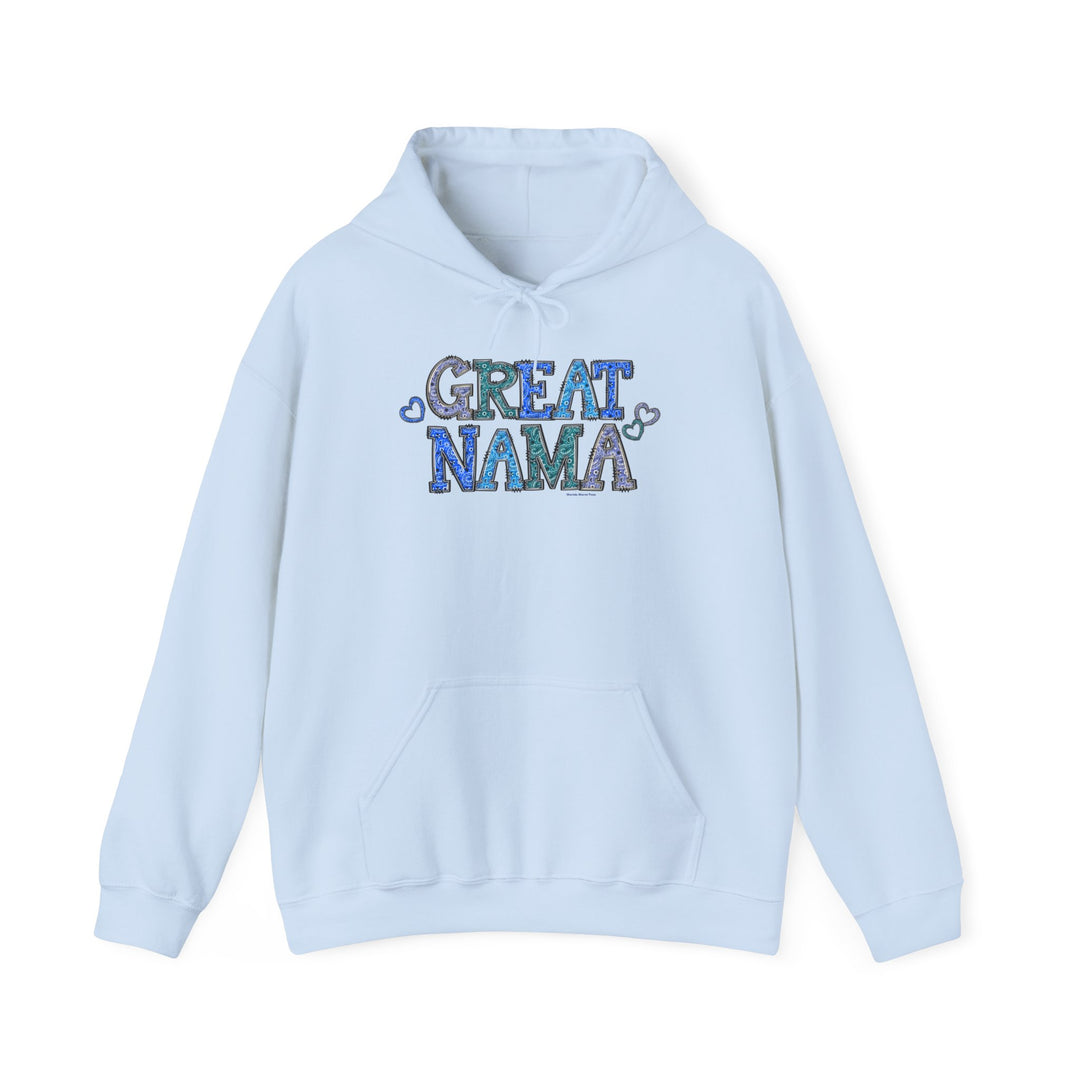 A light blue Great Nama Hoodie, a cozy unisex blend of cotton and polyester. Features a kangaroo pocket and matching drawstring hood. Medium-heavy fabric, tear-away label, classic fit.