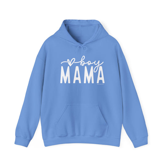 A blue unisex Boy Mama Hoodie, featuring white text, a kangaroo pocket, and matching drawstring. Made of 50% cotton and 50% polyester, this heavy blend hooded sweatshirt offers warmth and comfort for cold days.