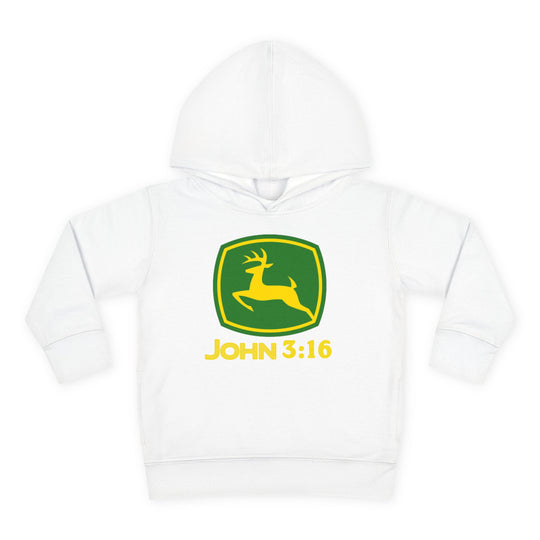 John 3:16 Toddler Hoodie featuring a green-and-yellow leaping deer logo, showcasing durable design with jersey-lined hood and side seam pockets for lasting comfort.