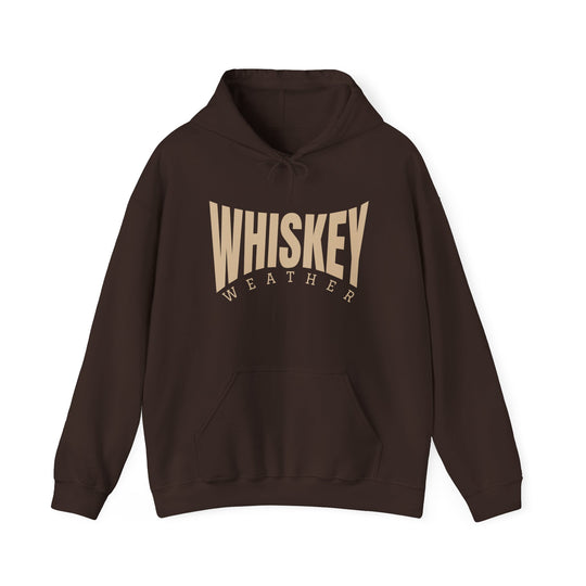 Dark-brown pullover hoodie with WHISKEY WEATHER text, featuring kangaroo pocket and drawstring hood, designed for warmth and comfort.