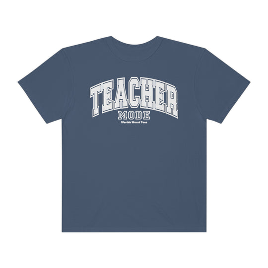 Unisex Teacher Mode Tee, a blue shirt with white text, crafted from 80% ring-spun cotton and 20% polyester. Features a relaxed fit, rolled-forward shoulder, and back neck patch. Sizes range from S to 4XL.