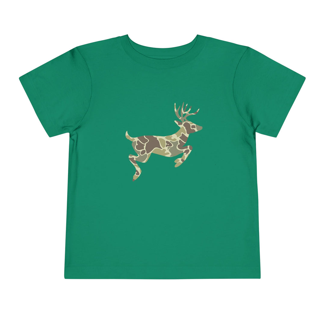 Camo Deer Toddler Tee: A green short-sleeved t-shirt featuring a stylized leaping deer with a woodland camouflage pattern, crafted from soft Airlume cotton for comfort.